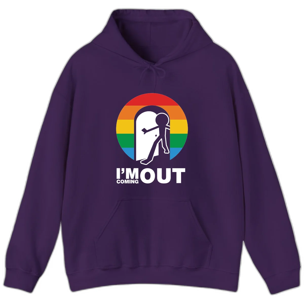 Stick figure pushing open white door with rainbow circle background and 'I'm Out Coming Out' text celebrating LGBTQ+ pride in Purple