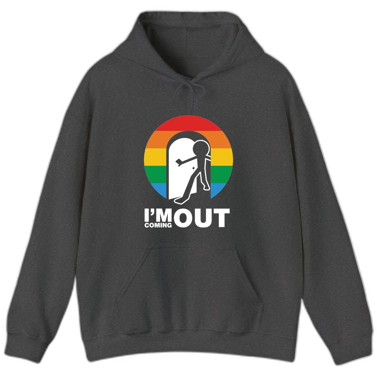 Stick figure pushing open white door with rainbow circle background and 'I'm Out Coming Out' text celebrating LGBTQ+ pride in Dark Heather