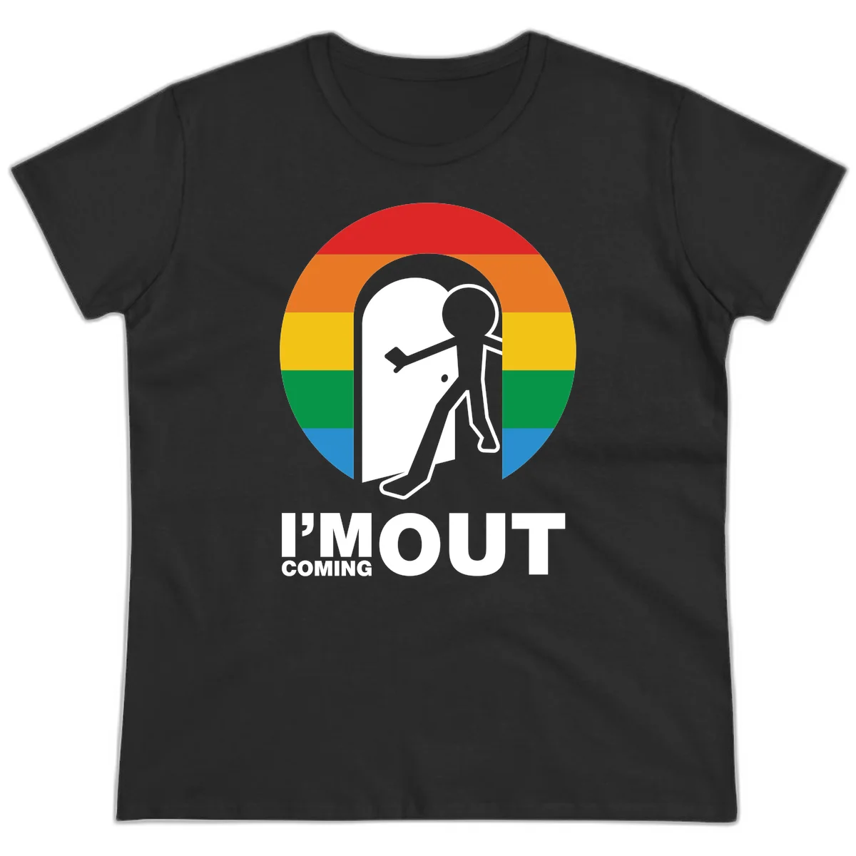 Stick figure pushing open white door with rainbow circle background and 'I'm Out Coming Out' text celebrating LGBTQ+ pride in Black