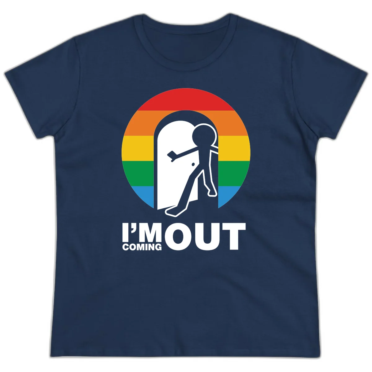 Stick figure pushing open white door with rainbow circle background and 'I'm Out Coming Out' text celebrating LGBTQ+ pride in Navy