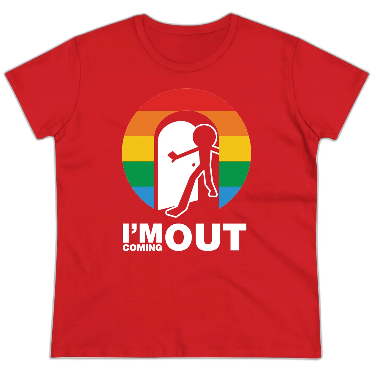 Stick figure pushing open white door with rainbow circle background and 'I'm Out Coming Out' text celebrating LGBTQ+ pride in Red