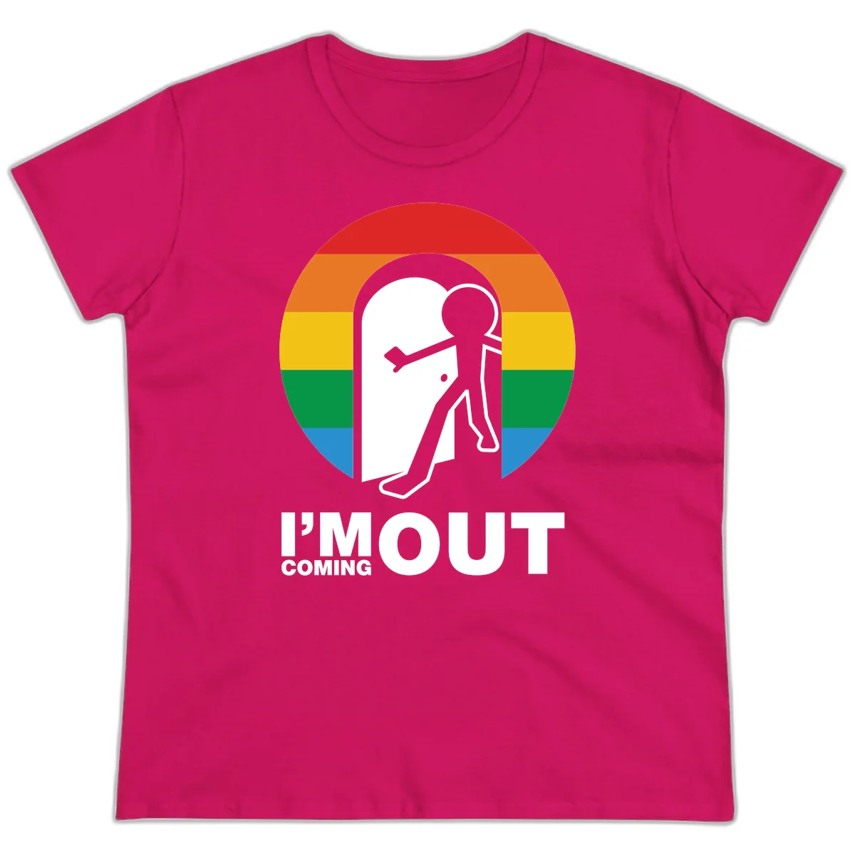 Stick figure pushing open white door with rainbow circle background and 'I'm Out Coming Out' text celebrating LGBTQ+ pride in Heliconia