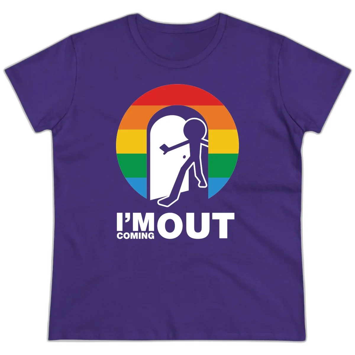 Stick figure pushing open white door with rainbow circle background and 'I'm Out Coming Out' text celebrating LGBTQ+ pride in Purple