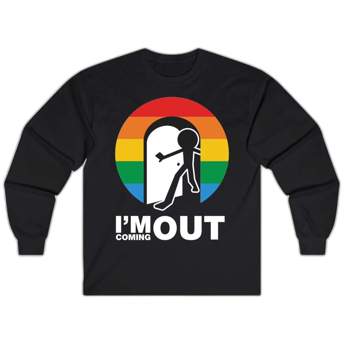 Stick figure pushing open white door with rainbow circle background and 'I'm Out Coming Out' text celebrating LGBTQ+ pride in Black
