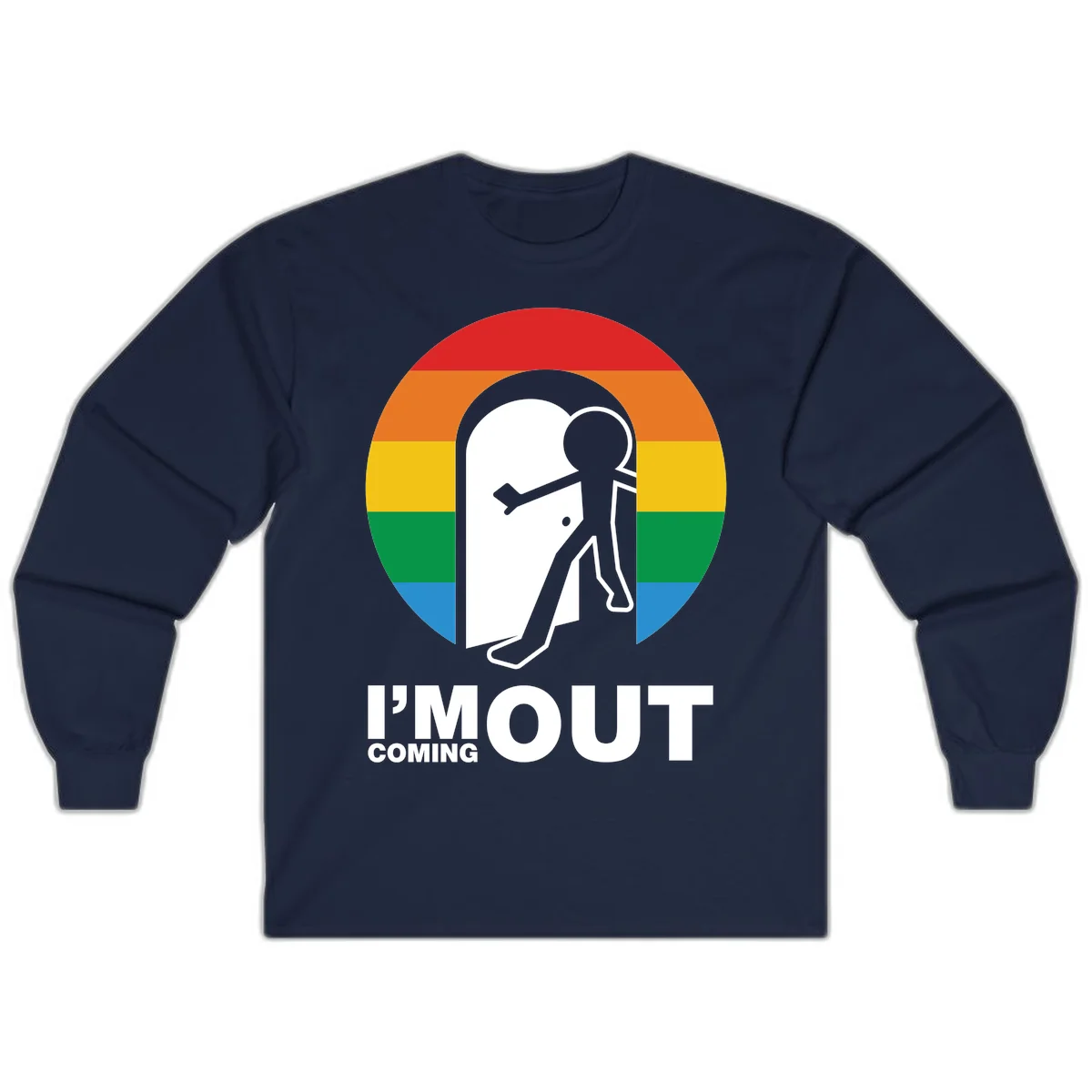 Stick figure pushing open white door with rainbow circle background and 'I'm Out Coming Out' text celebrating LGBTQ+ pride in Navy