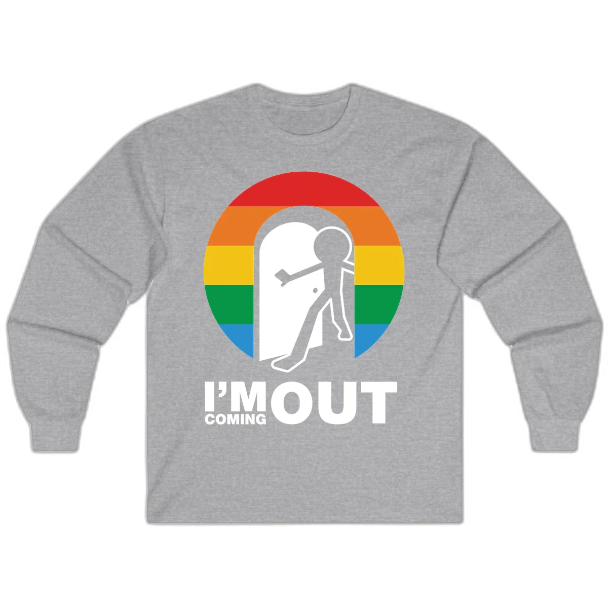 Stick figure pushing open white door with rainbow circle background and 'I'm Out Coming Out' text celebrating LGBTQ+ pride in Sport Grey