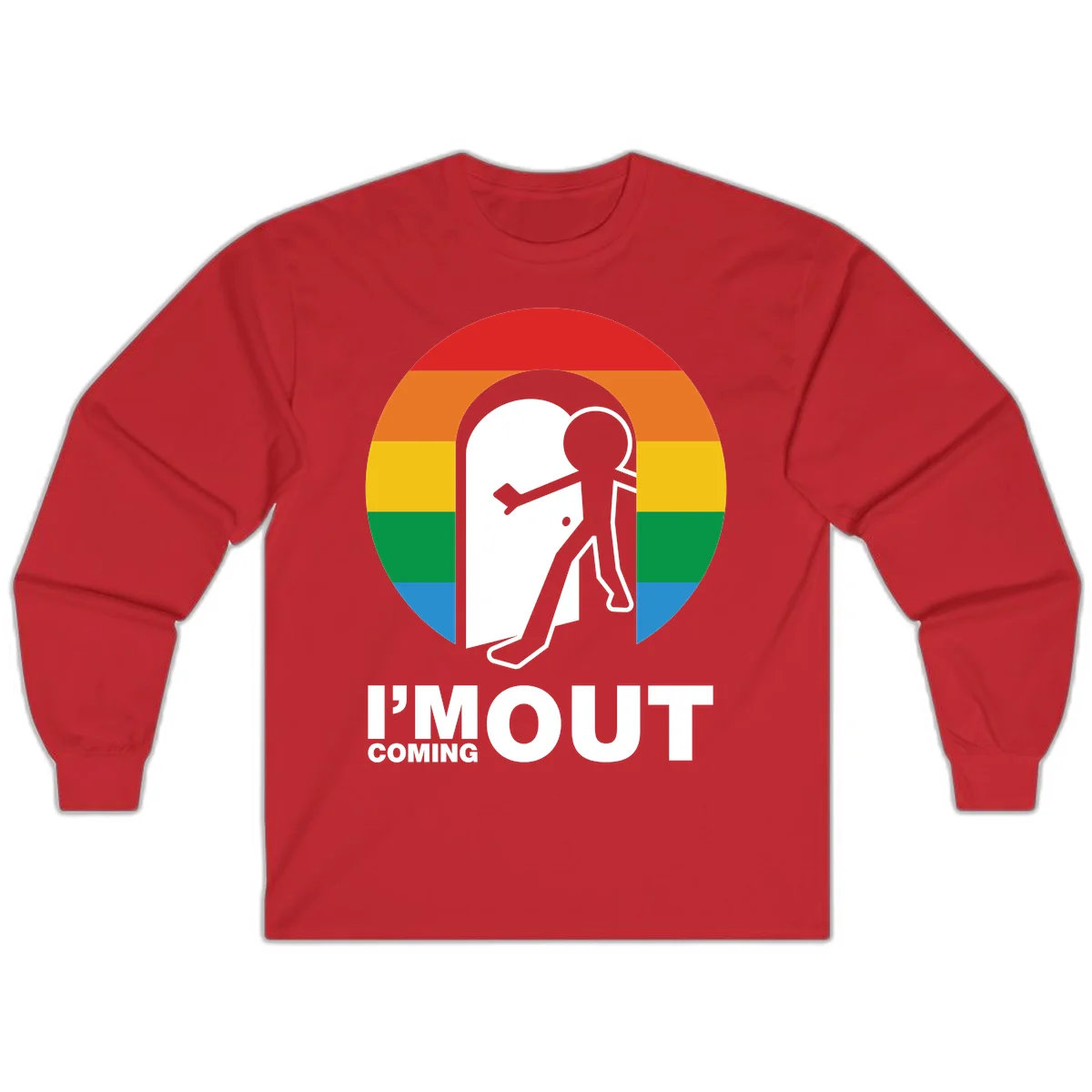 Stick figure pushing open white door with rainbow circle background and 'I'm Out Coming Out' text celebrating LGBTQ+ pride in Red