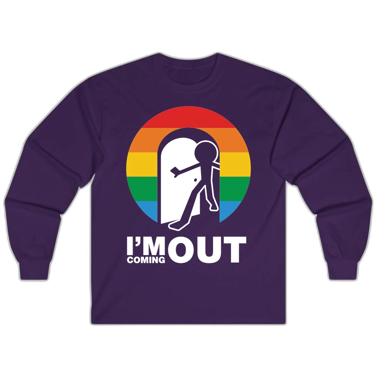 Stick figure pushing open white door with rainbow circle background and 'I'm Out Coming Out' text celebrating LGBTQ+ pride in Purple