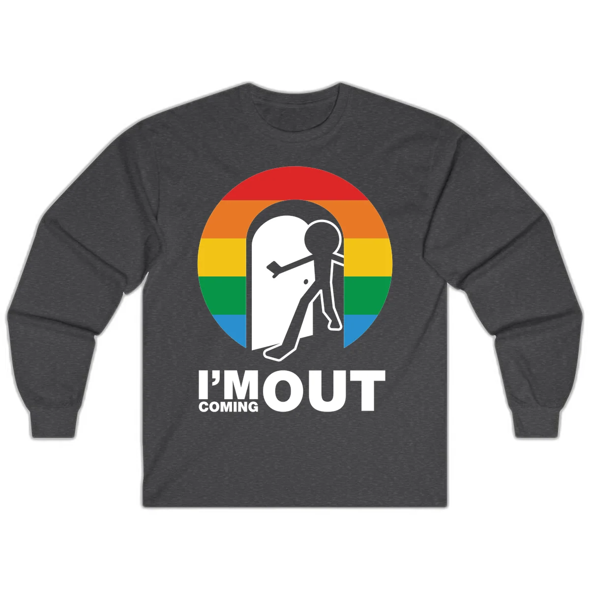 Stick figure pushing open white door with rainbow circle background and 'I'm Out Coming Out' text celebrating LGBTQ+ pride in Dark Heather