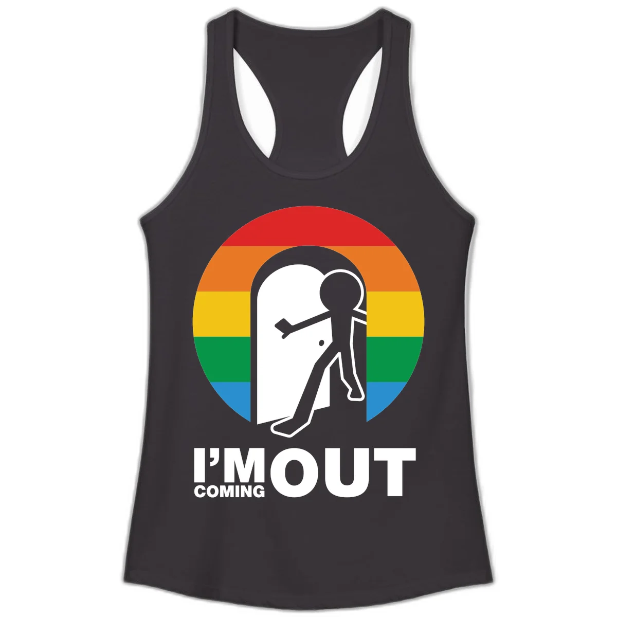 Stick figure pushing open white door with rainbow circle background and 'I'm Out Coming Out' text celebrating LGBTQ+ pride in Black