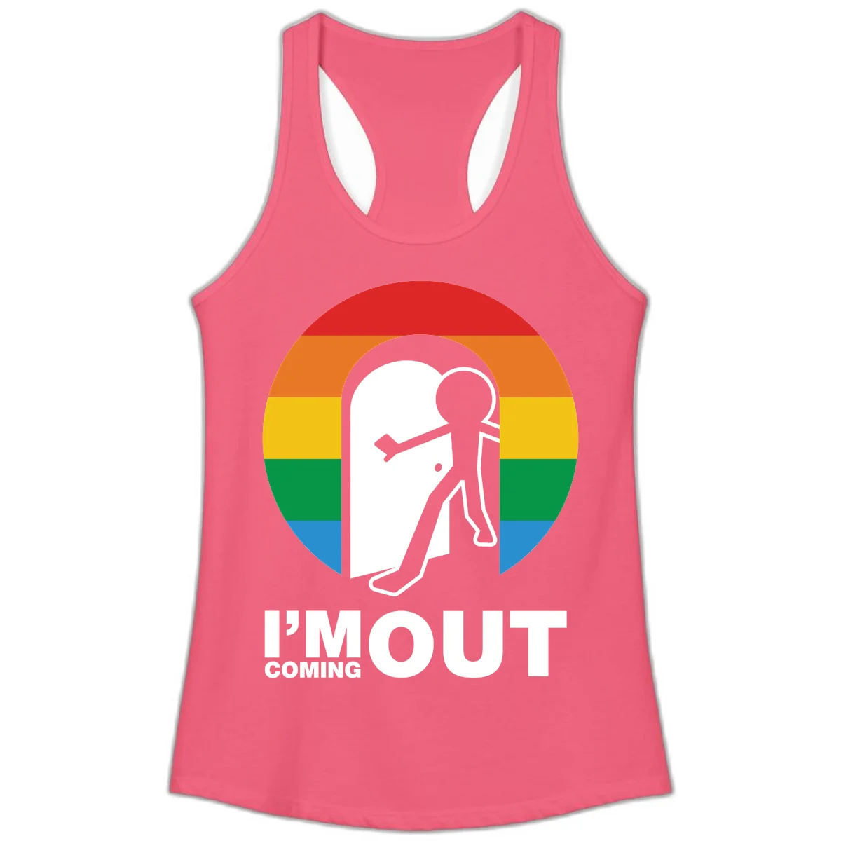 Stick figure pushing open white door with rainbow circle background and 'I'm Out Coming Out' text celebrating LGBTQ+ pride in Hot Pink