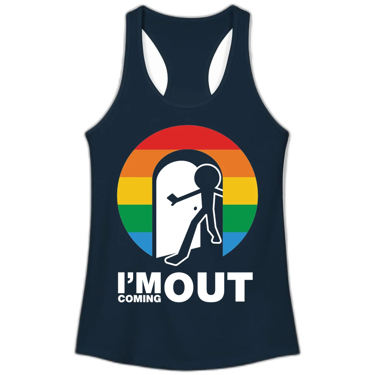 Stick figure pushing open white door with rainbow circle background and 'I'm Out Coming Out' text celebrating LGBTQ+ pride in Solid Midnight Navy