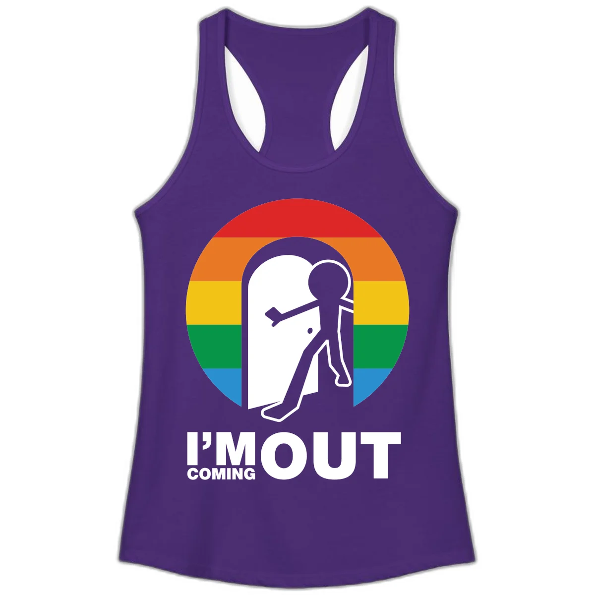 Stick figure pushing open white door with rainbow circle background and 'I'm Out Coming Out' text celebrating LGBTQ+ pride in Solid Purple Rush