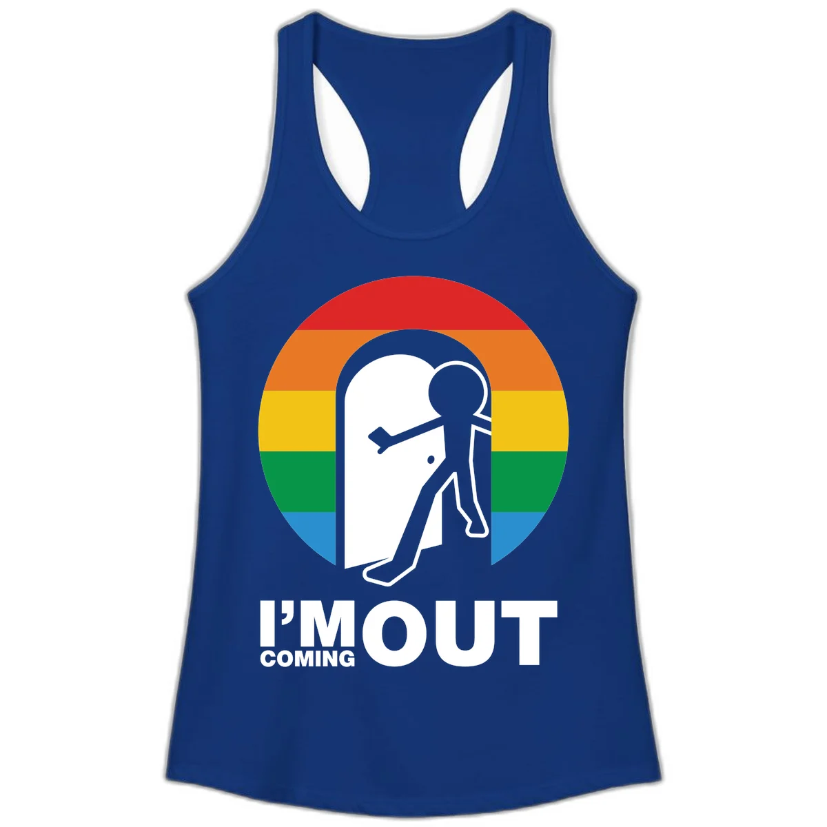 Stick figure pushing open white door with rainbow circle background and 'I'm Out Coming Out' text celebrating LGBTQ+ pride in Solid Royal