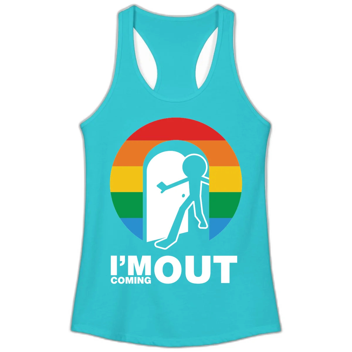 Stick figure pushing open white door with rainbow circle background and 'I'm Out Coming Out' text celebrating LGBTQ+ pride in Solid Tahiti Blue