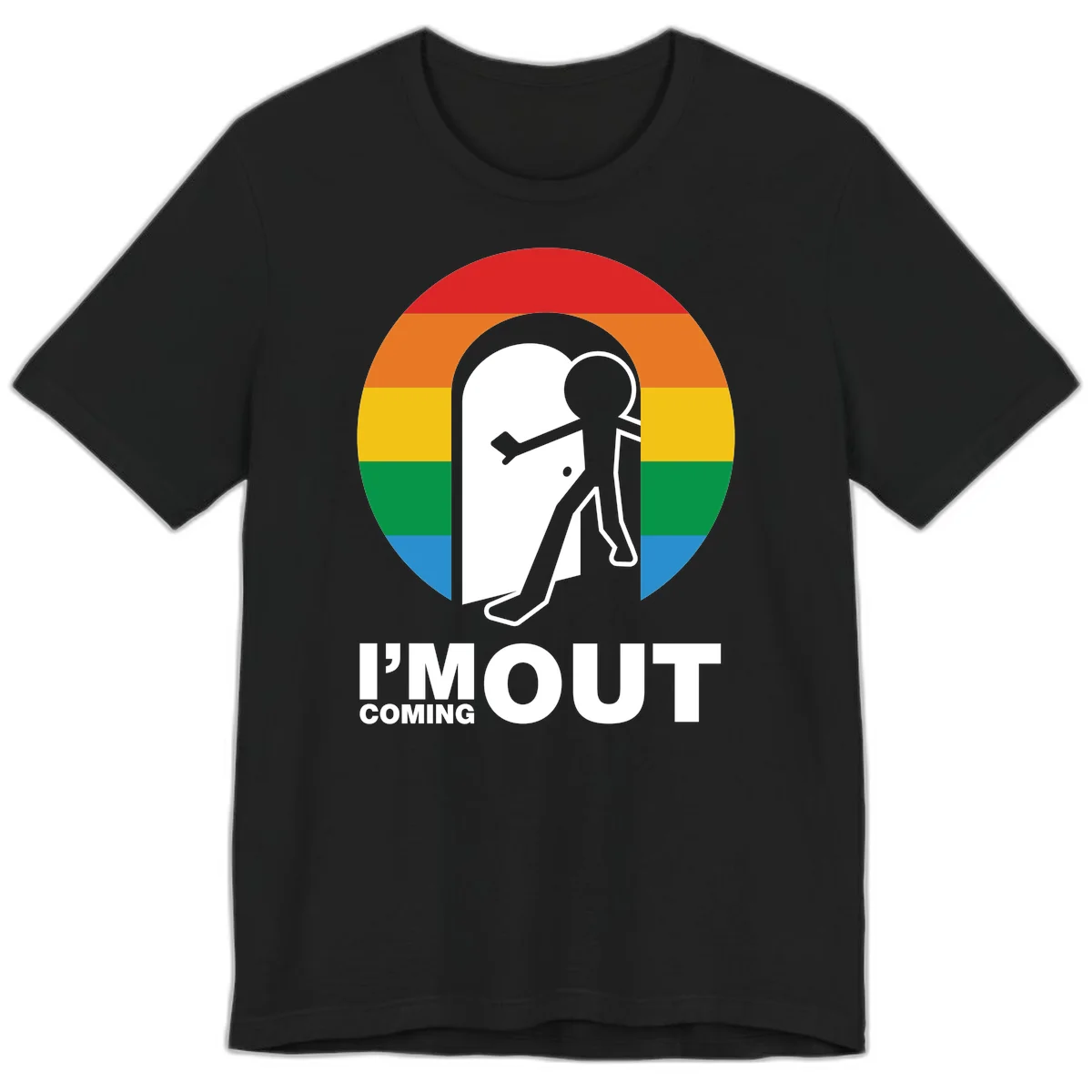 Stick figure pushing open white door with rainbow circle background and 'I'm Out Coming Out' text celebrating LGBTQ+ pride in Black