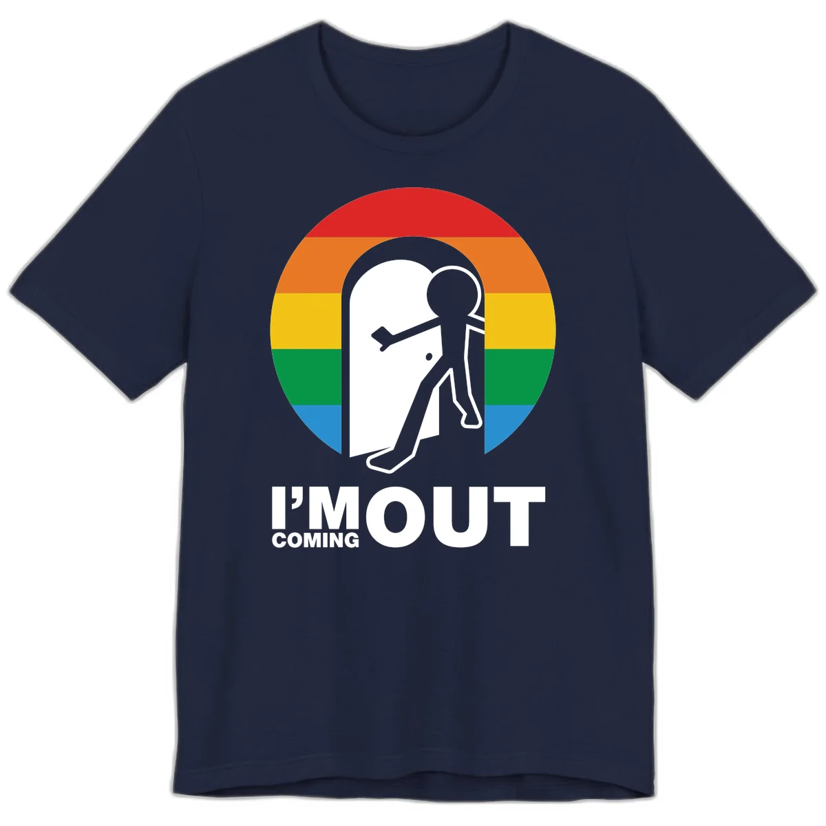 Stick figure pushing open white door with rainbow circle background and 'I'm Out Coming Out' text celebrating LGBTQ+ pride in Navy