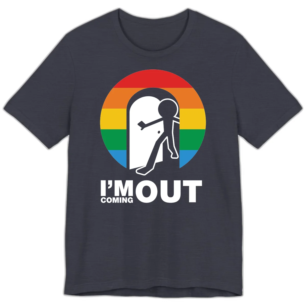 Stick figure pushing open white door with rainbow circle background and 'I'm Out Coming Out' text celebrating LGBTQ+ pride in Heather Midnight Navy