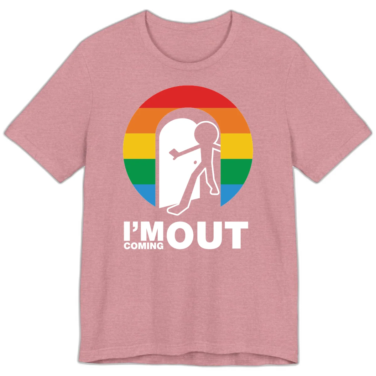 Stick figure pushing open white door with rainbow circle background and 'I'm Out Coming Out' text celebrating LGBTQ+ pride in Heather Orchid