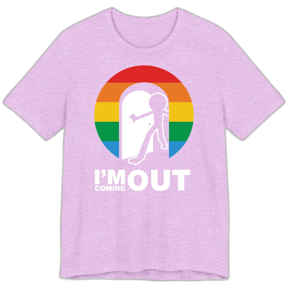 Stick figure pushing open white door with rainbow circle background and 'I'm Out Coming Out' text celebrating LGBTQ+ pride in Heather Prism Lilac