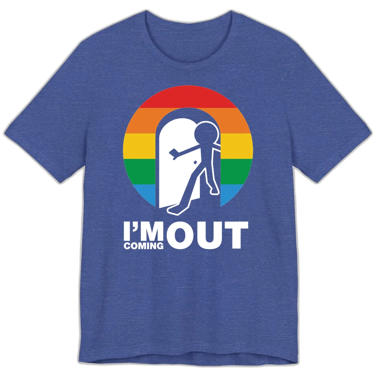 Stick figure pushing open white door with rainbow circle background and 'I'm Out Coming Out' text celebrating LGBTQ+ pride in Heather True Royal