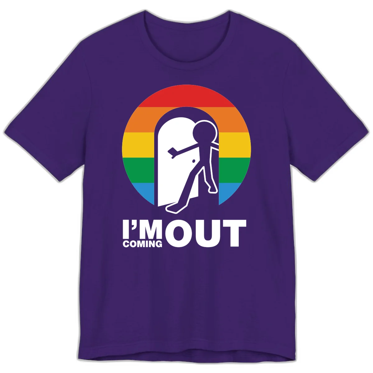 Stick figure pushing open white door with rainbow circle background and 'I'm Out Coming Out' text celebrating LGBTQ+ pride in Team Purple
