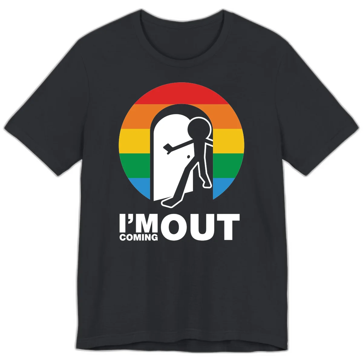 Stick figure pushing open white door with rainbow circle background and 'I'm Out Coming Out' text celebrating LGBTQ+ pride in Vintage Black