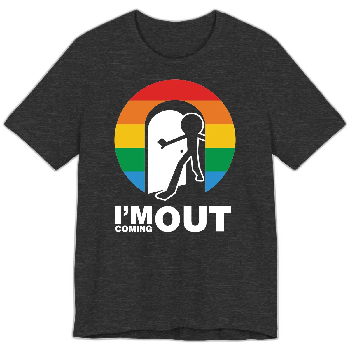 Stick figure pushing open white door with rainbow circle background and 'I'm Out Coming Out' text celebrating LGBTQ+ pride in Dark Grey Heather