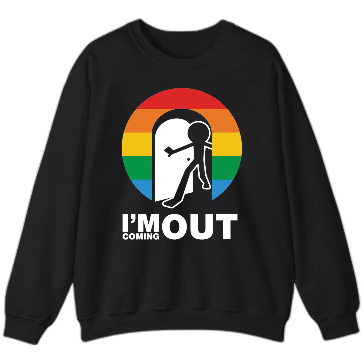 Stick figure pushing open white door with rainbow circle background and 'I'm Out Coming Out' text celebrating LGBTQ+ pride in Black