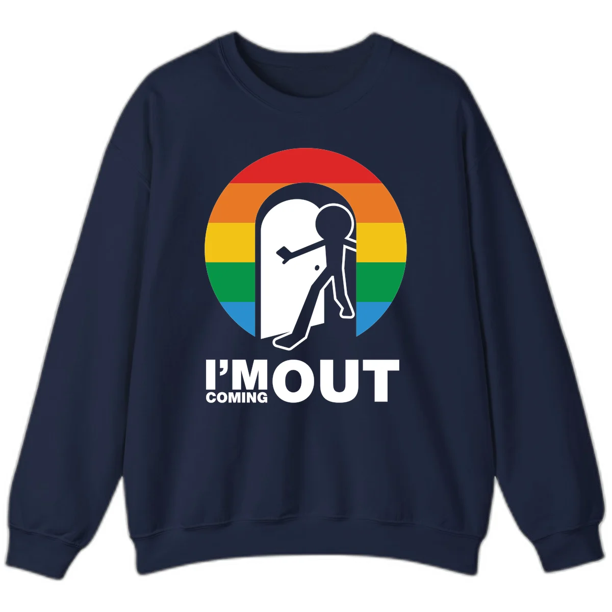 Stick figure pushing open white door with rainbow circle background and 'I'm Out Coming Out' text celebrating LGBTQ+ pride in Navy