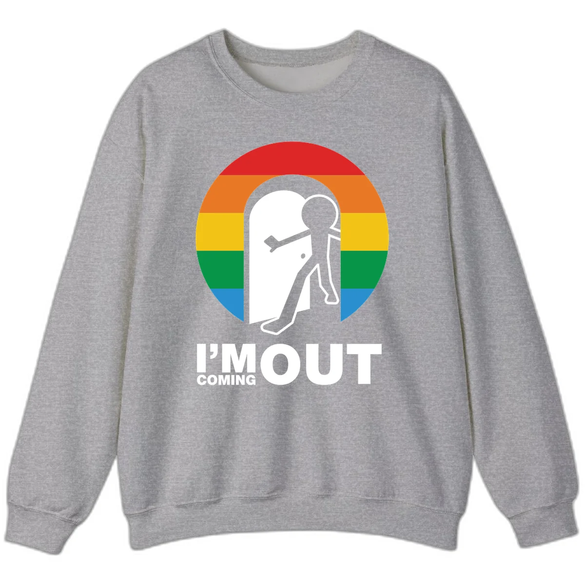Stick figure pushing open white door with rainbow circle background and 'I'm Out Coming Out' text celebrating LGBTQ+ pride in Sport Grey