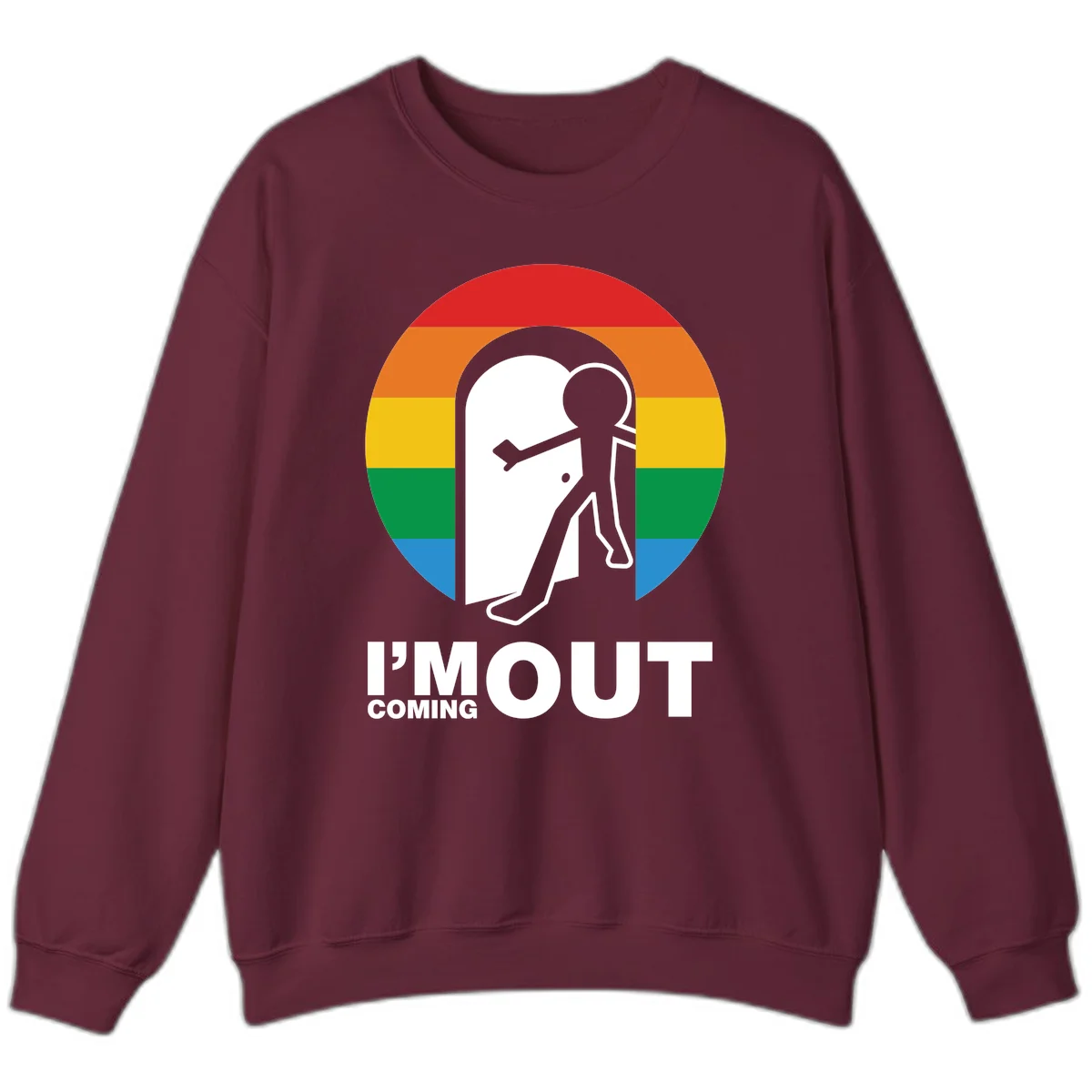 Stick figure pushing open white door with rainbow circle background and 'I'm Out Coming Out' text celebrating LGBTQ+ pride in Maroon