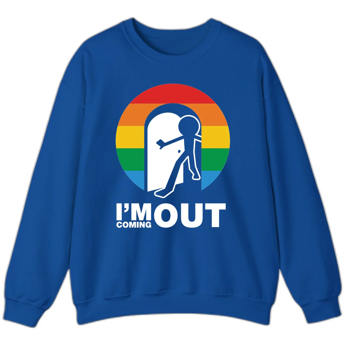 Stick figure pushing open white door with rainbow circle background and 'I'm Out Coming Out' text celebrating LGBTQ+ pride in Royal