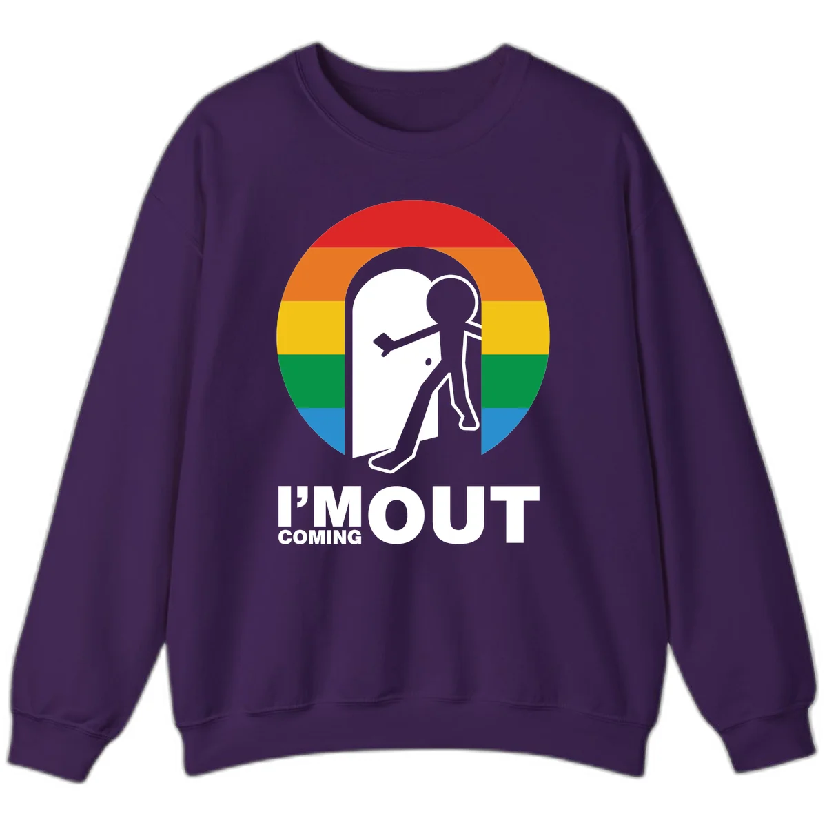 Stick figure pushing open white door with rainbow circle background and 'I'm Out Coming Out' text celebrating LGBTQ+ pride in Purple