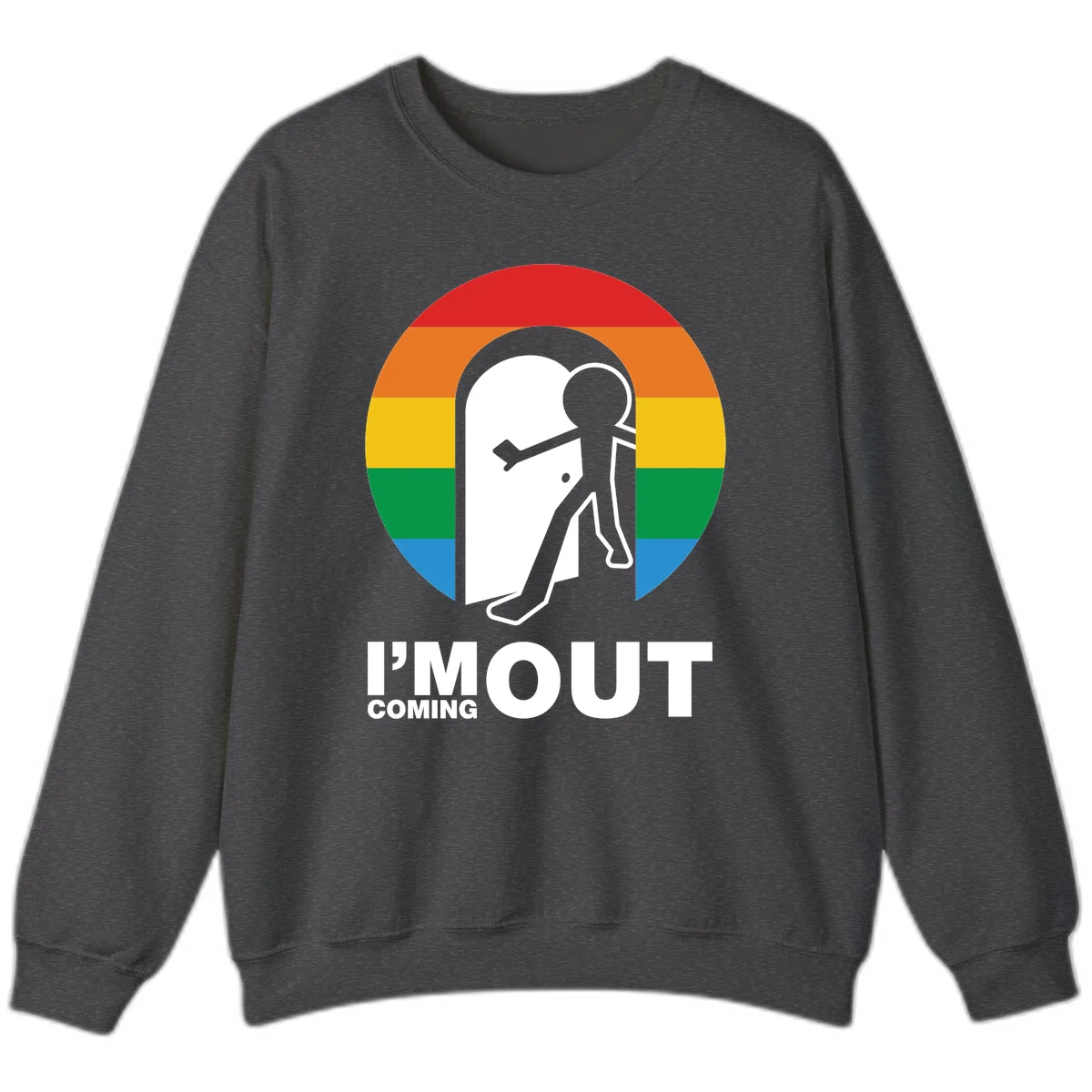 Stick figure pushing open white door with rainbow circle background and 'I'm Out Coming Out' text celebrating LGBTQ+ pride in Dark Heather