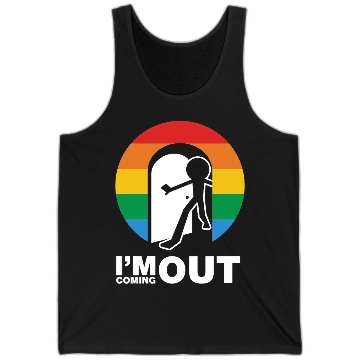 Stick figure pushing open white door with rainbow circle background and 'I'm Out Coming Out' text celebrating LGBTQ+ pride in Black