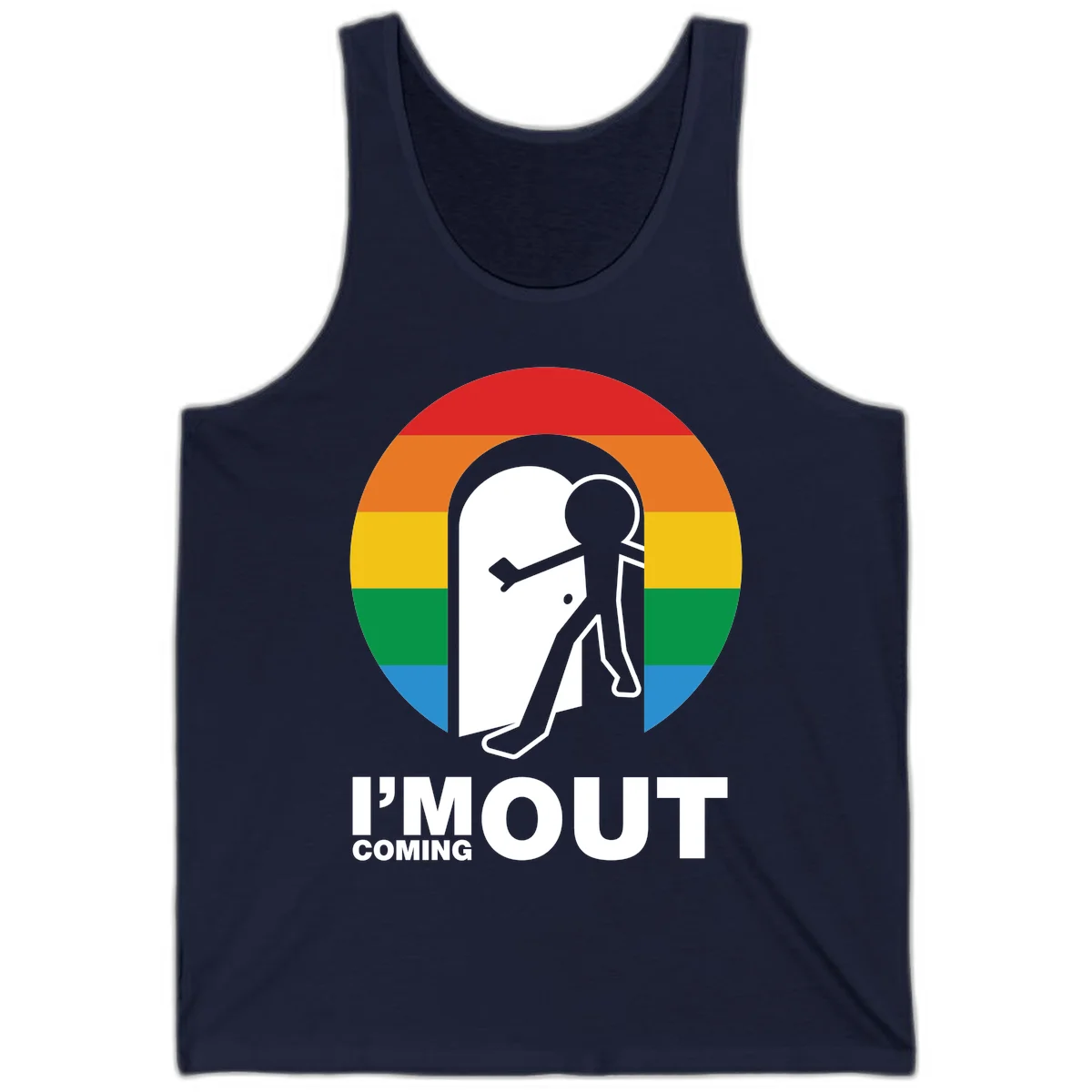 Stick figure pushing open white door with rainbow circle background and 'I'm Out Coming Out' text celebrating LGBTQ+ pride in Navy