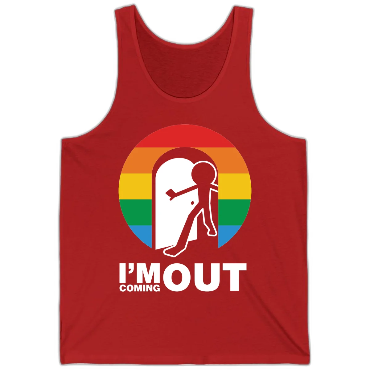 Stick figure pushing open white door with rainbow circle background and 'I'm Out Coming Out' text celebrating LGBTQ+ pride in Red