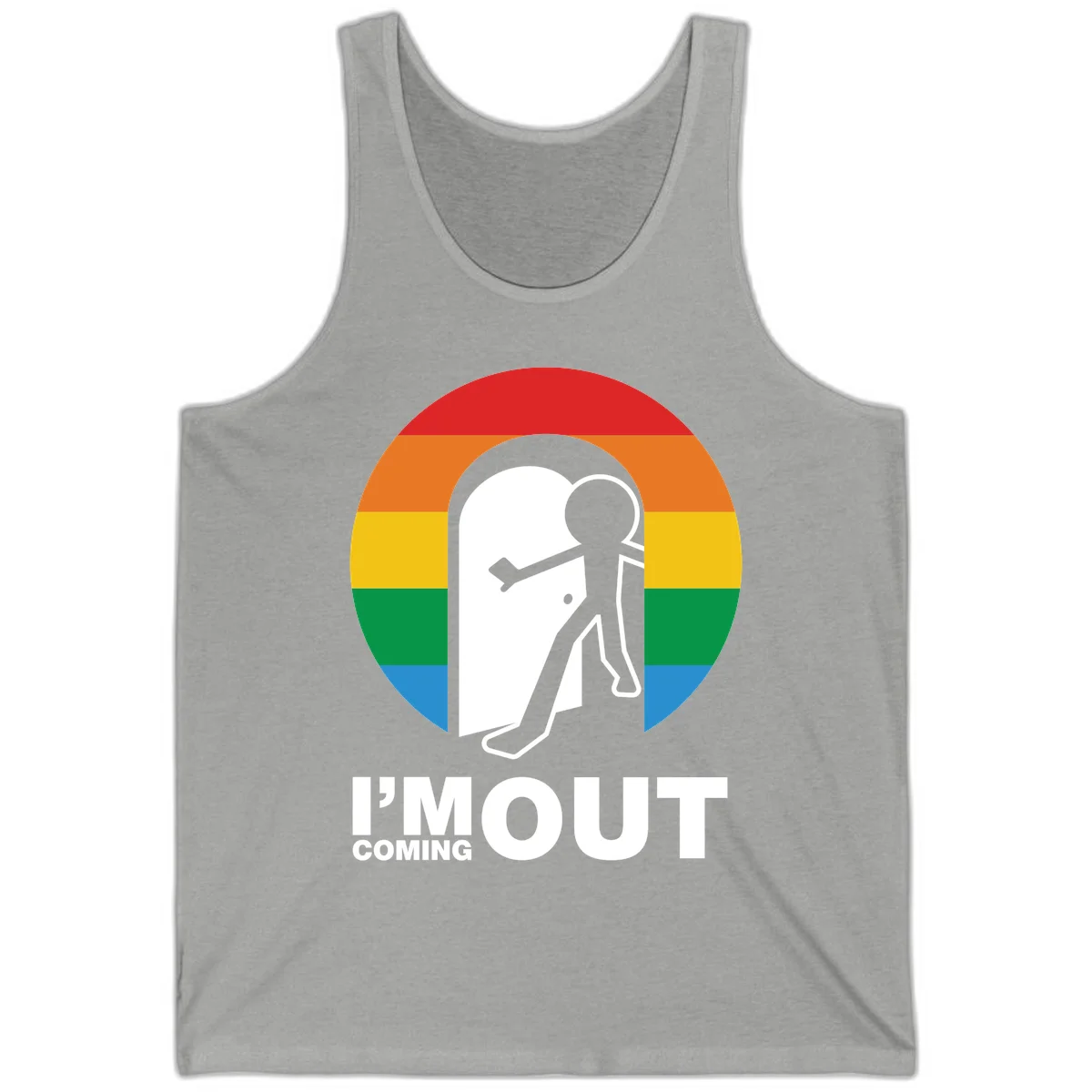 Stick figure pushing open white door with rainbow circle background and 'I'm Out Coming Out' text celebrating LGBTQ+ pride in Athletic Heather