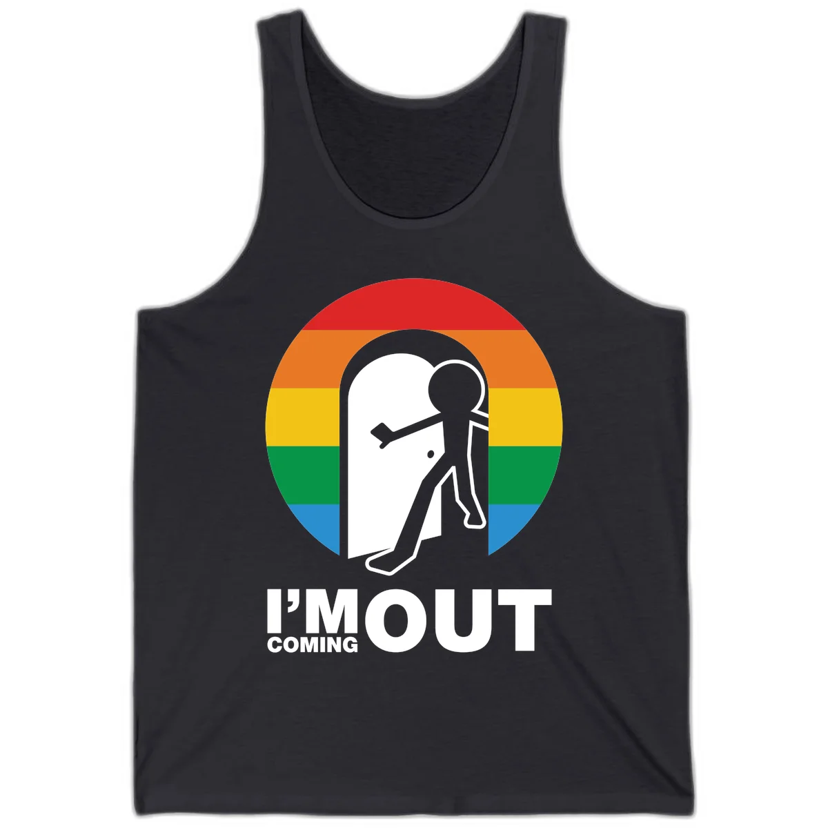 Stick figure pushing open white door with rainbow circle background and 'I'm Out Coming Out' text celebrating LGBTQ+ pride in Dark Grey