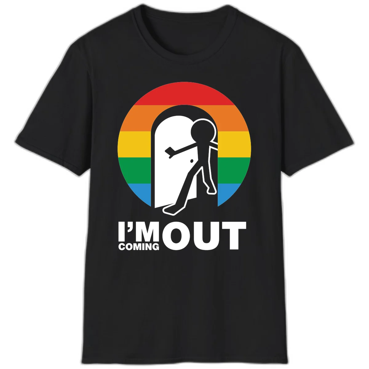 Stick figure pushing open white door with rainbow circle background and 'I'm Out Coming Out' text celebrating LGBTQ+ pride in Black