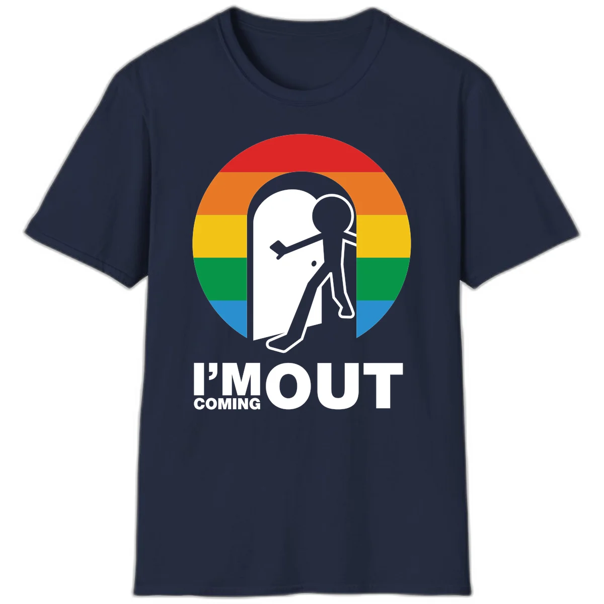 Stick figure pushing open white door with rainbow circle background and 'I'm Out Coming Out' text celebrating LGBTQ+ pride in Navy