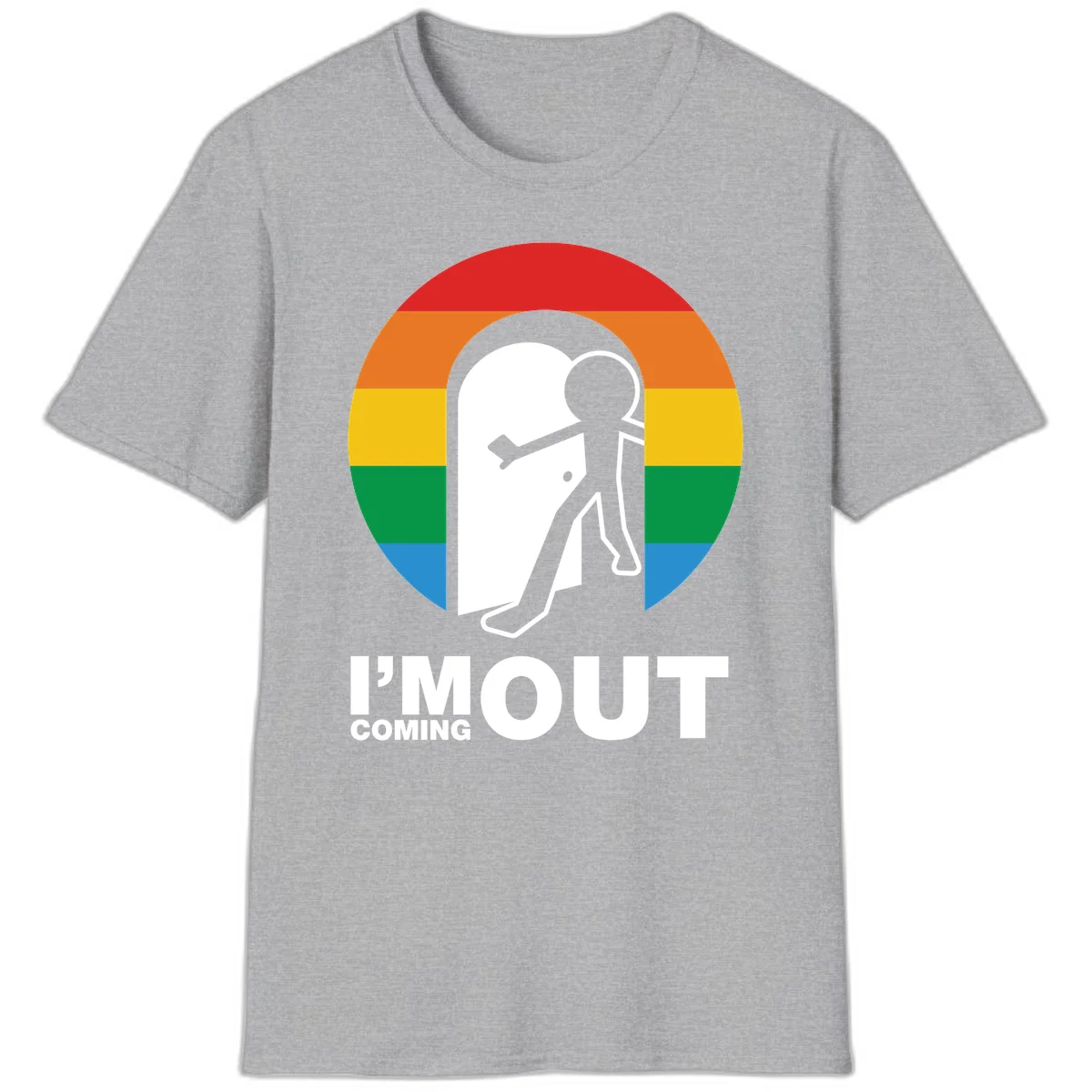 Stick figure pushing open white door with rainbow circle background and 'I'm Out Coming Out' text celebrating LGBTQ+ pride in Sport Grey