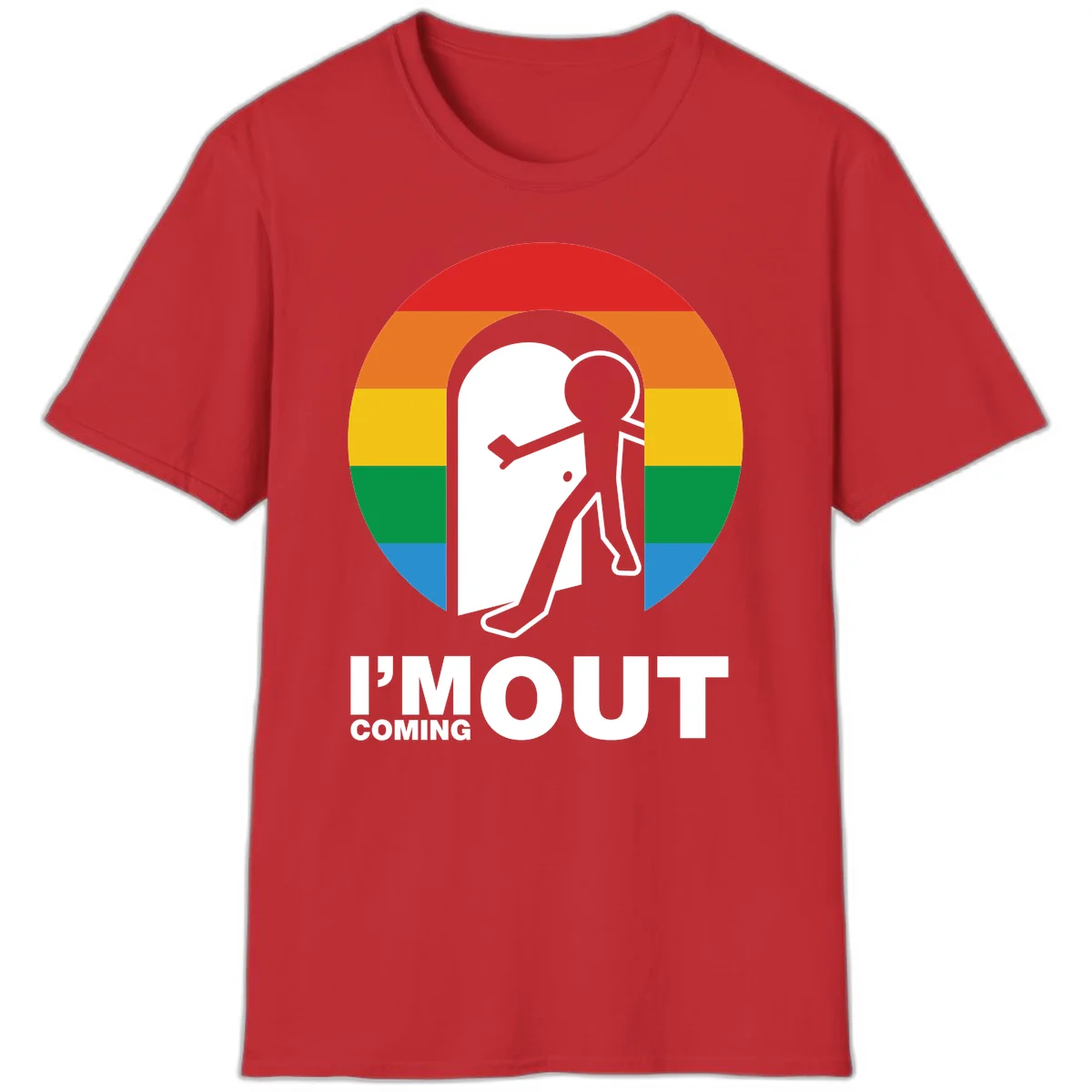 Stick figure pushing open white door with rainbow circle background and 'I'm Out Coming Out' text celebrating LGBTQ+ pride in Red