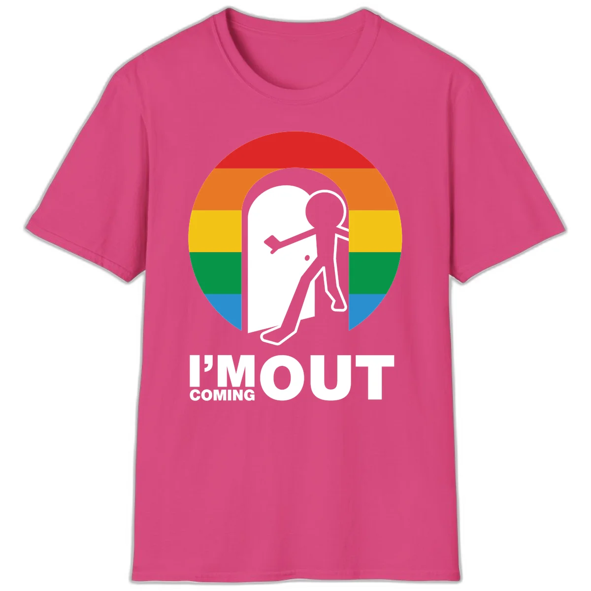 Stick figure pushing open white door with rainbow circle background and 'I'm Out Coming Out' text celebrating LGBTQ+ pride in Heliconia