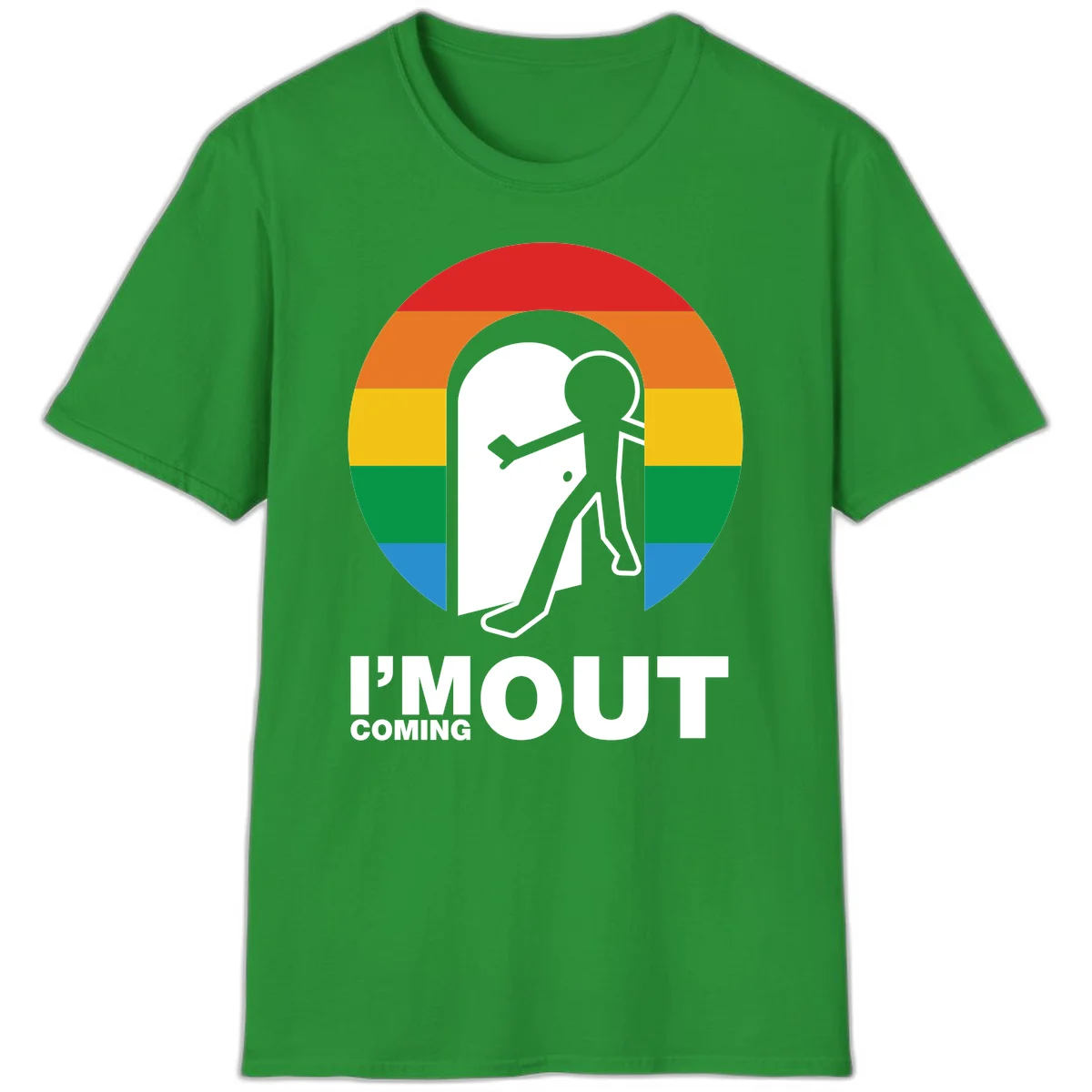 Stick figure pushing open white door with rainbow circle background and 'I'm Out Coming Out' text celebrating LGBTQ+ pride in Irish Green