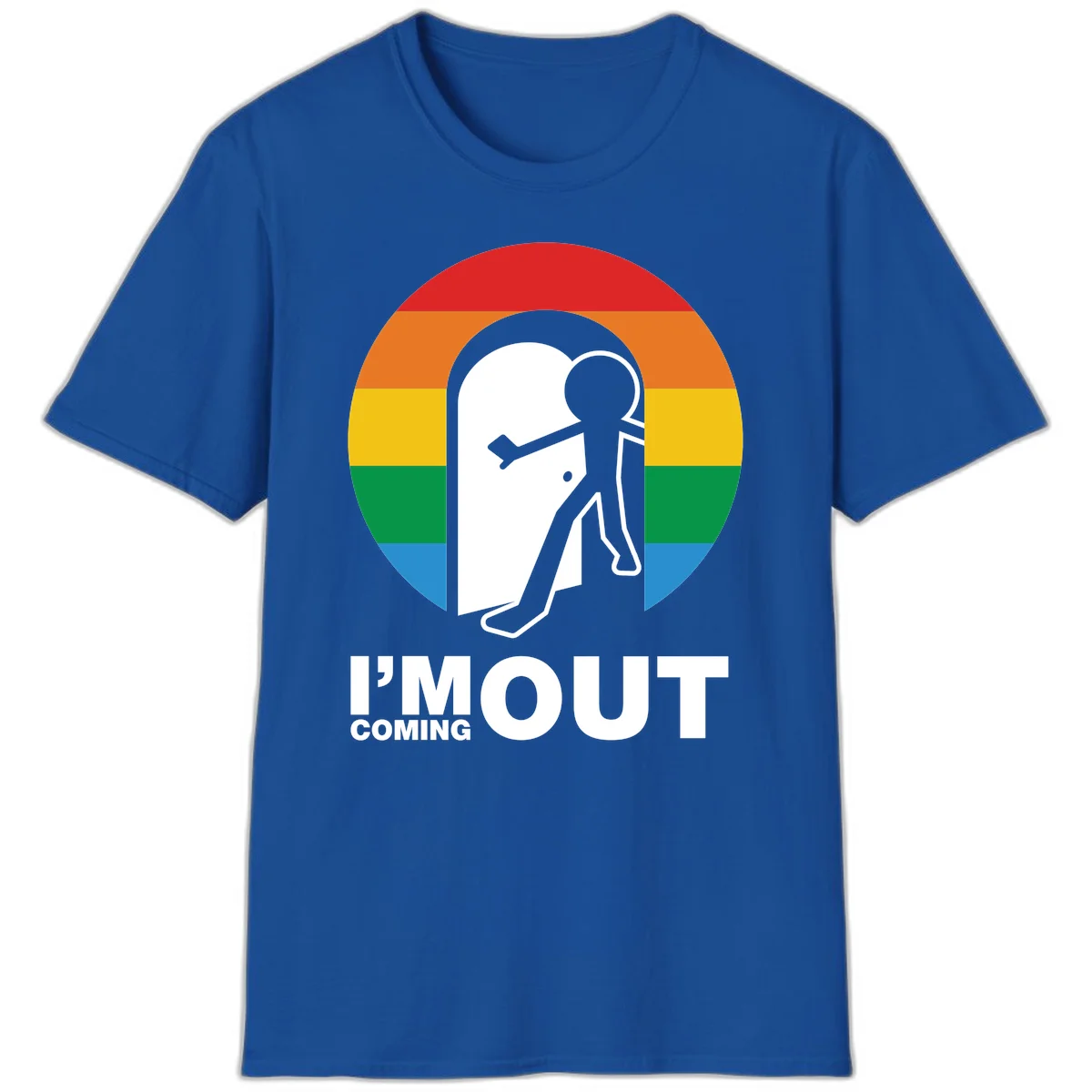 Stick figure pushing open white door with rainbow circle background and 'I'm Out Coming Out' text celebrating LGBTQ+ pride in Royal