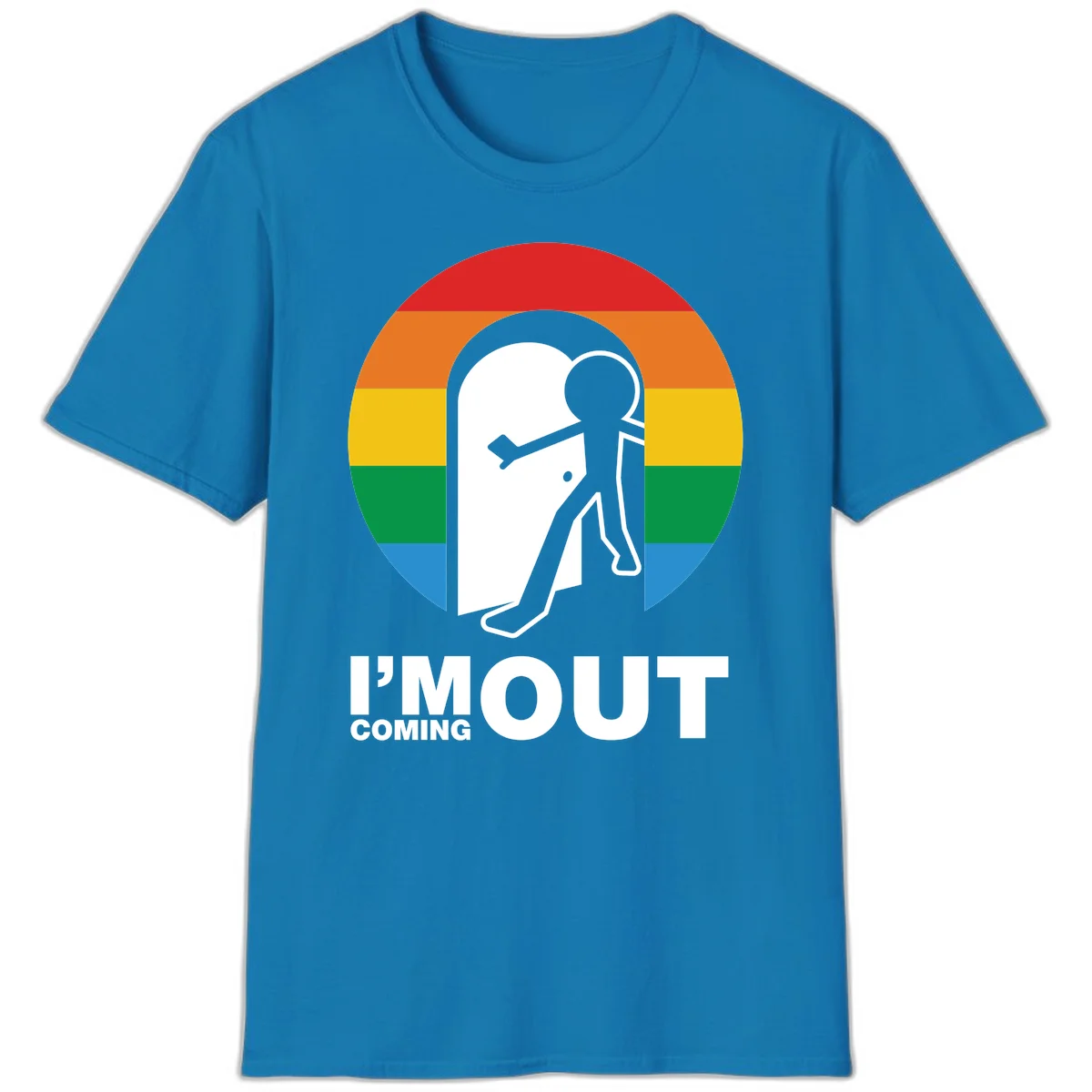 Stick figure pushing open white door with rainbow circle background and 'I'm Out Coming Out' text celebrating LGBTQ+ pride in Sapphire