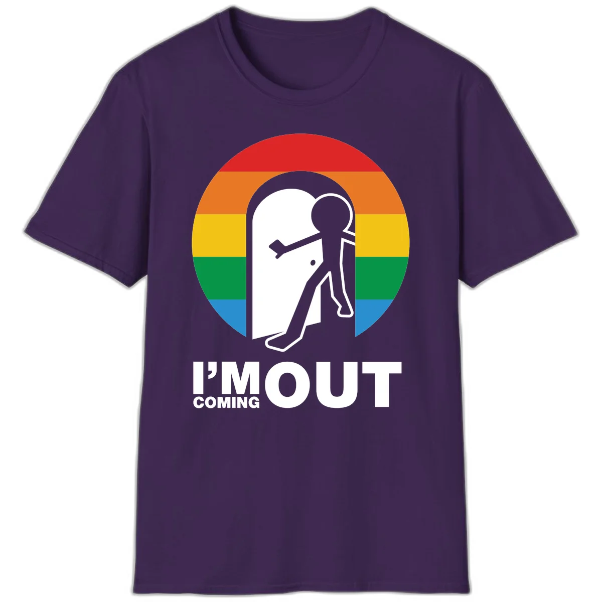 Stick figure pushing open white door with rainbow circle background and 'I'm Out Coming Out' text celebrating LGBTQ+ pride in Purple