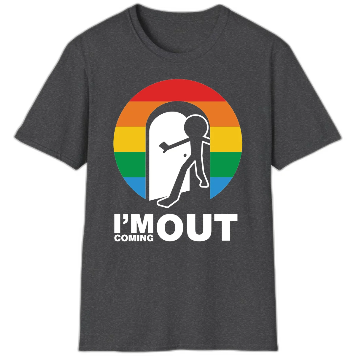 Stick figure pushing open white door with rainbow circle background and 'I'm Out Coming Out' text celebrating LGBTQ+ pride in Dark Heather